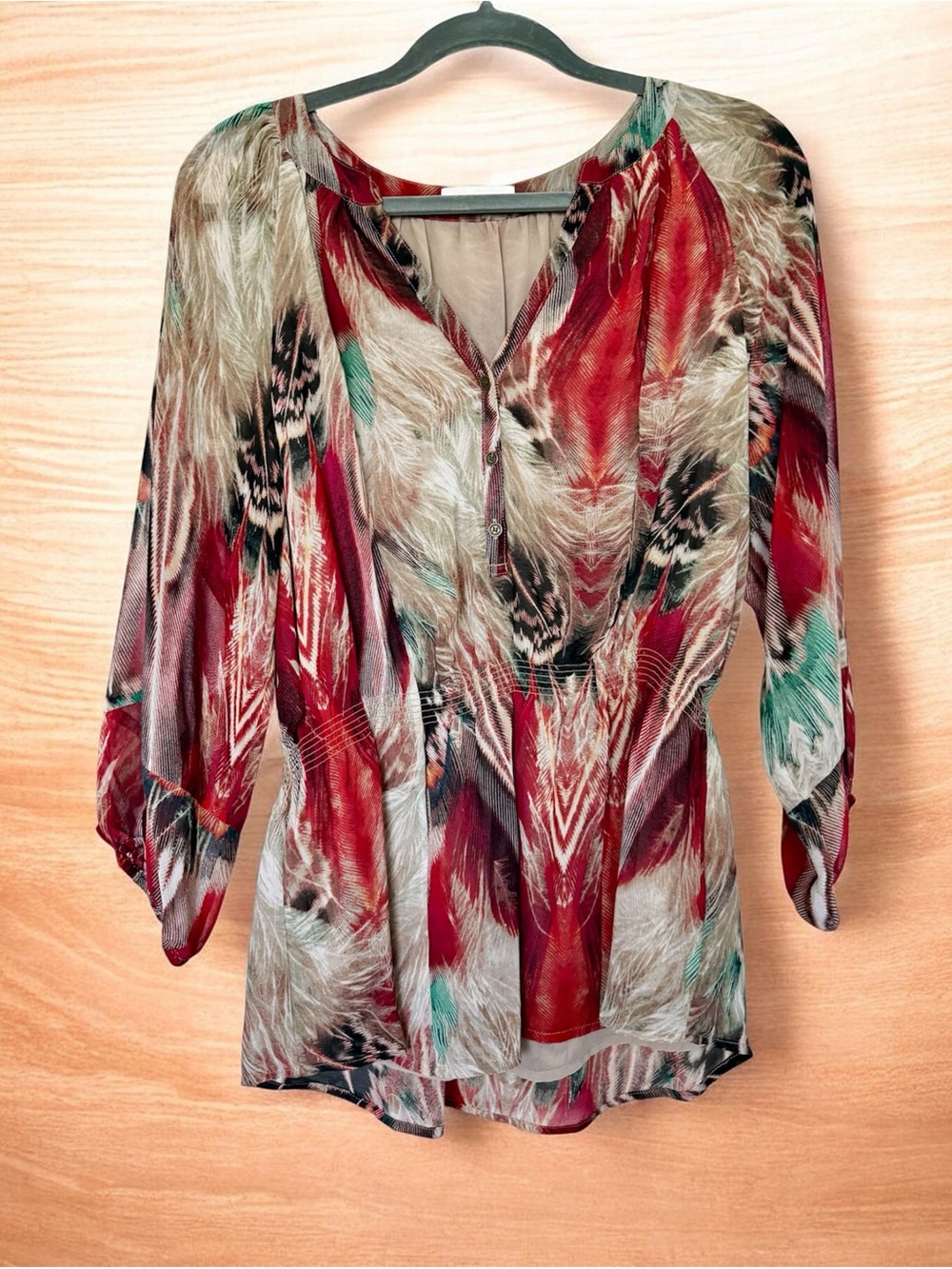Calvin Klein Red Multi-Color Printed Peasant Tunic